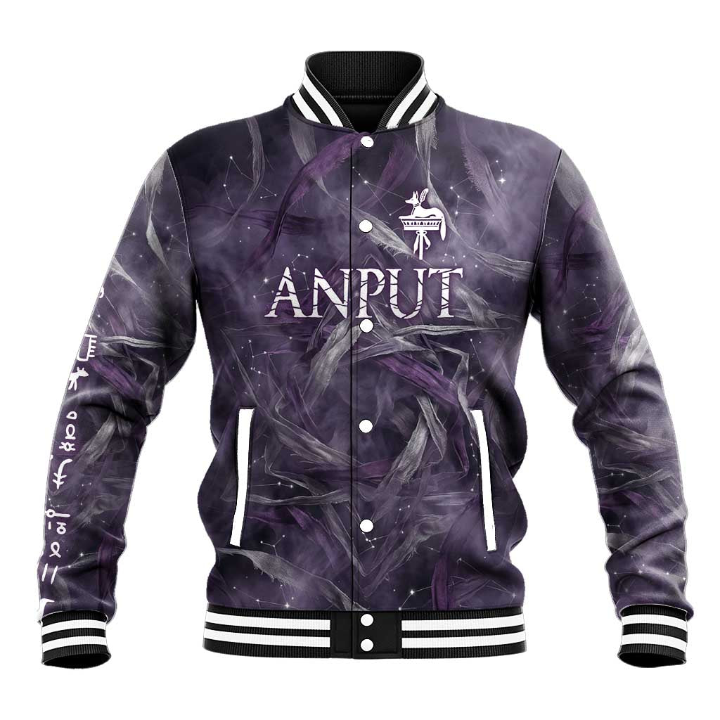 Anput Sacred Urn Baseball Jacket with Papyrus Flowers Egyptian Guardian in Violet Mist