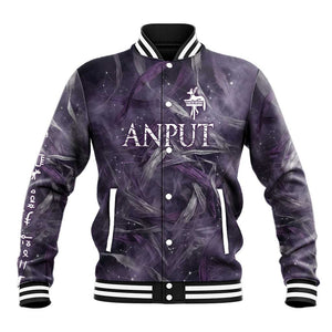 Anput Sacred Urn Baseball Jacket with Papyrus Flowers Egyptian Guardian in Violet Mist