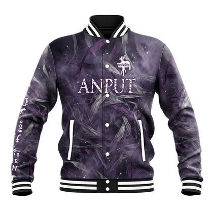 Anput Sacred Urn Baseball Jacket with Papyrus Flowers Egyptian Guardian in Violet Mist