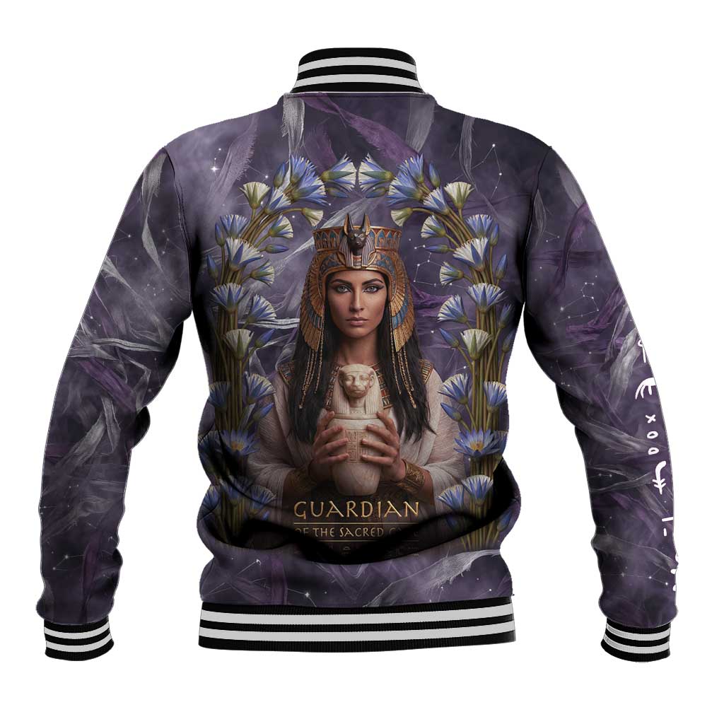 Anput Sacred Urn Baseball Jacket with Papyrus Flowers Egyptian Guardian in Violet Mist