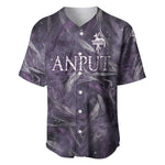 Anput Sacred Urn Baseball Jersey with Papyrus Flowers Egyptian Guardian in Violet Mist