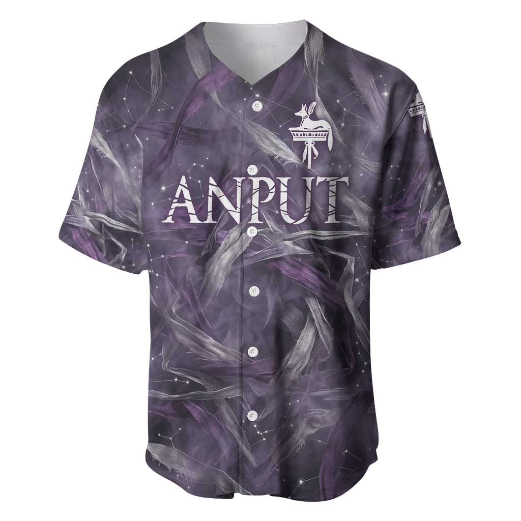 Anput Sacred Urn Baseball Jersey with Papyrus Flowers Egyptian Guardian in Violet Mist