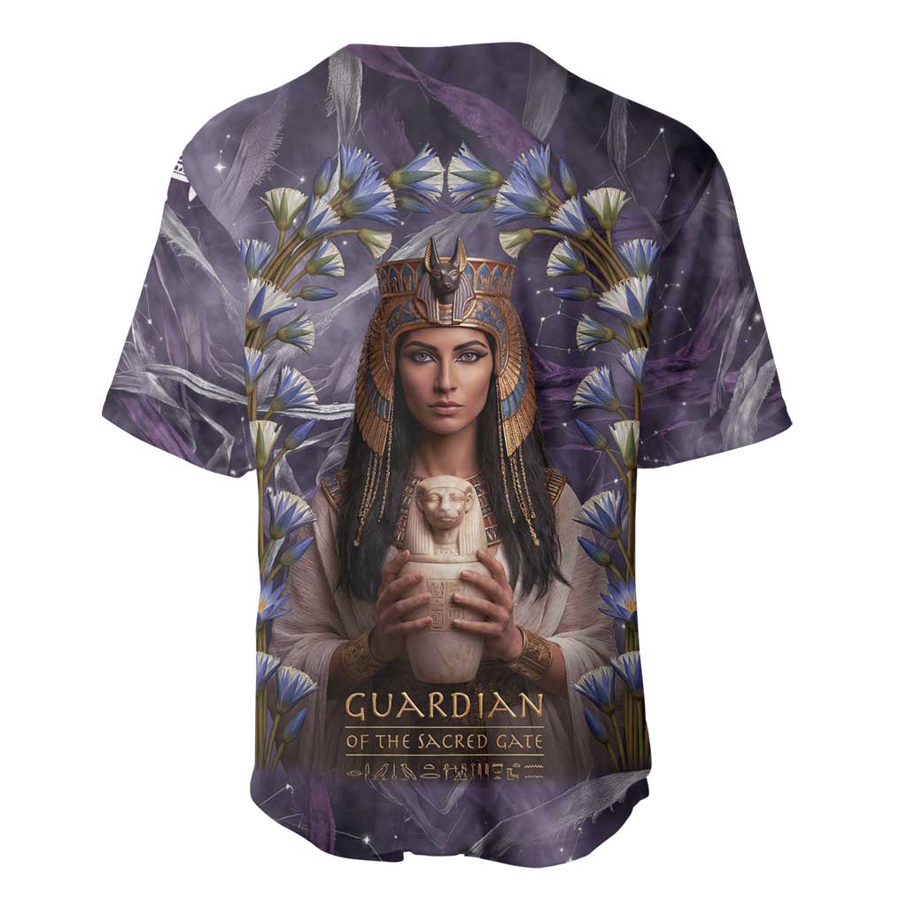 Anput Sacred Urn Baseball Jersey with Papyrus Flowers Egyptian Guardian in Violet Mist