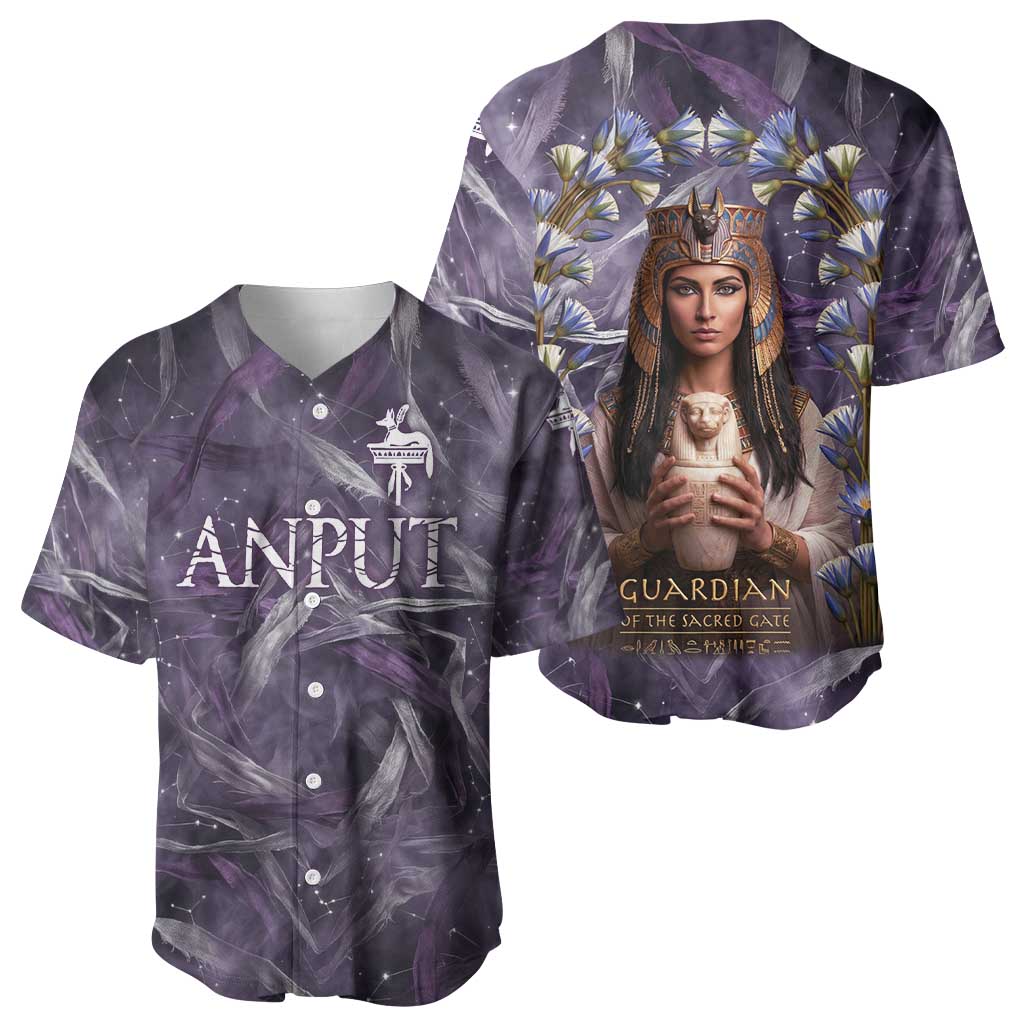 Anput Sacred Urn Baseball Jersey with Papyrus Flowers Egyptian Guardian in Violet Mist