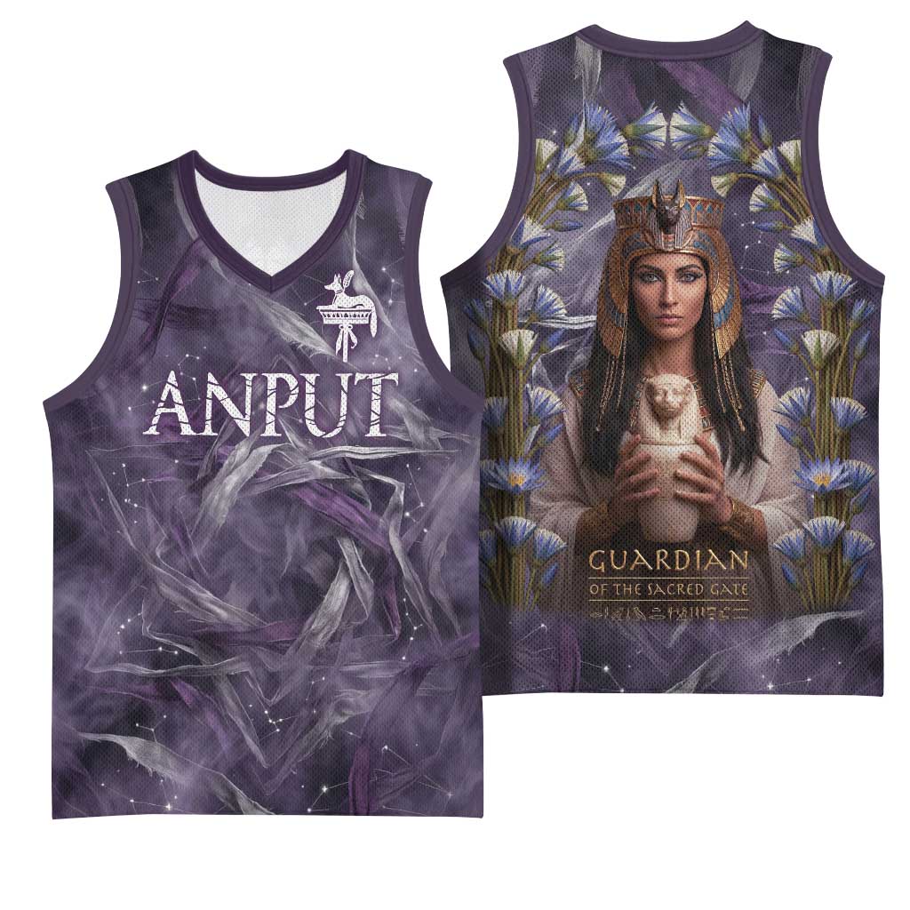 Anput Sacred Urn Basketball Jersey with Papyrus Flowers Egyptian Guardian in Violet Mist