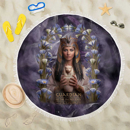 Anput Sacred Urn Beach Blanket with Papyrus Flowers Egyptian Guardian in Violet Mist