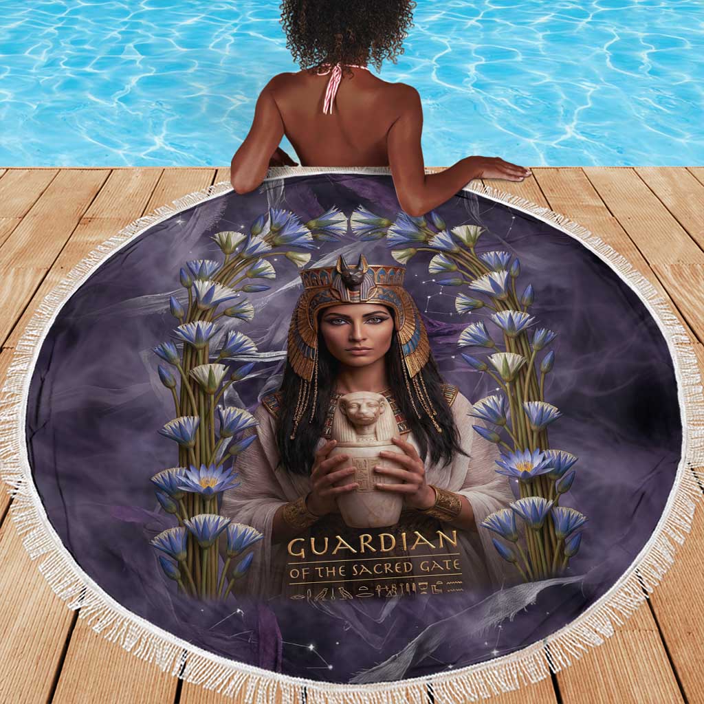 Anput Sacred Urn Beach Blanket with Papyrus Flowers Egyptian Guardian in Violet Mist