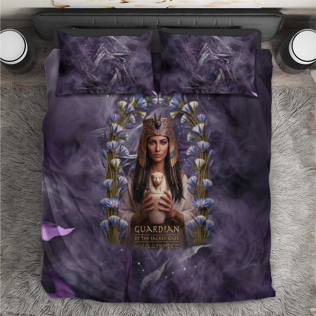 Anput Sacred Urn Bedding Set with Papyrus Flowers Egyptian Guardian in Violet Mist