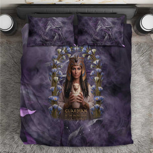 Anput Sacred Urn Bedding Set with Papyrus Flowers Egyptian Guardian in Violet Mist