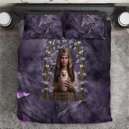 Anput Sacred Urn Bedding Set with Papyrus Flowers Egyptian Guardian in Violet Mist