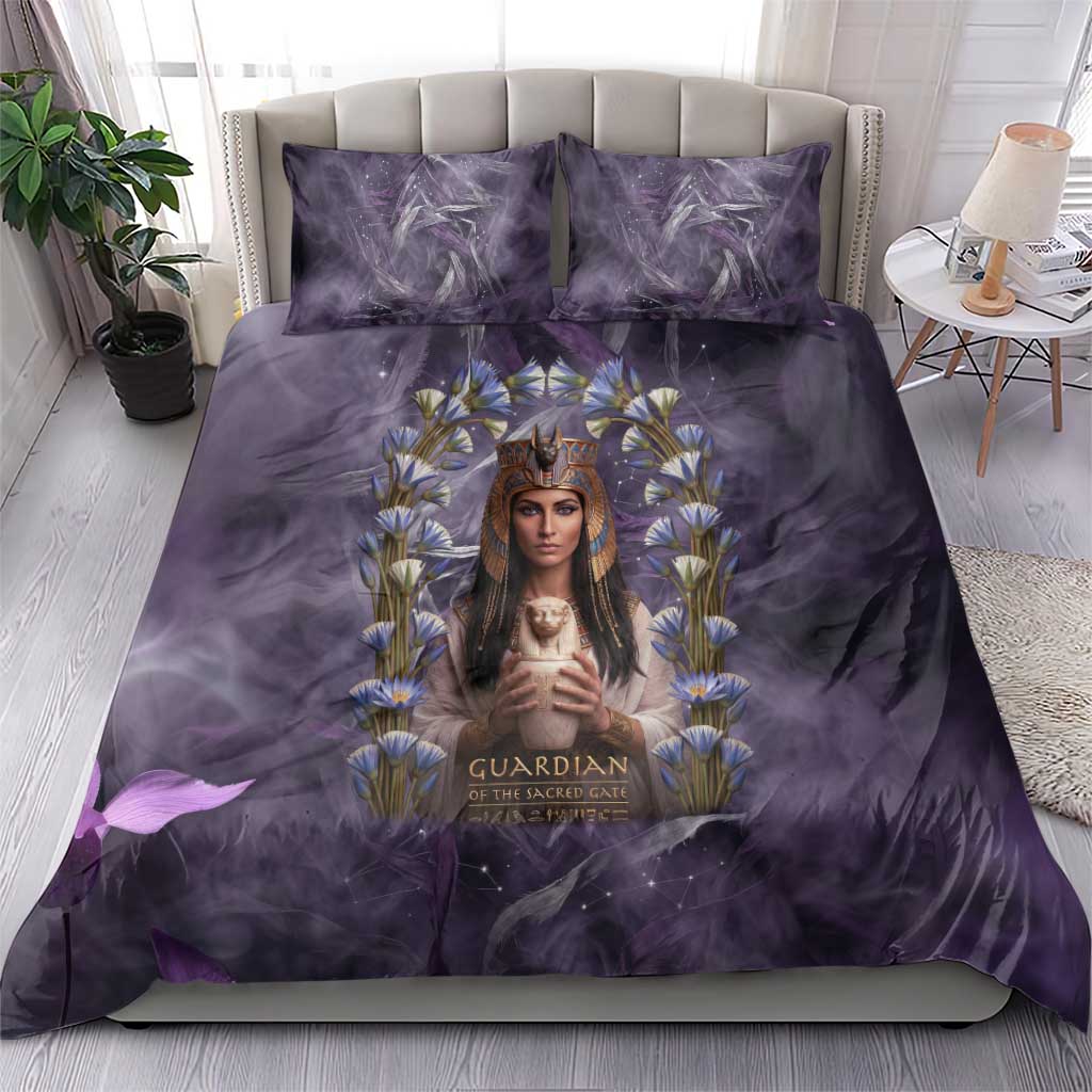 Anput Sacred Urn Bedding Set with Papyrus Flowers Egyptian Guardian in Violet Mist
