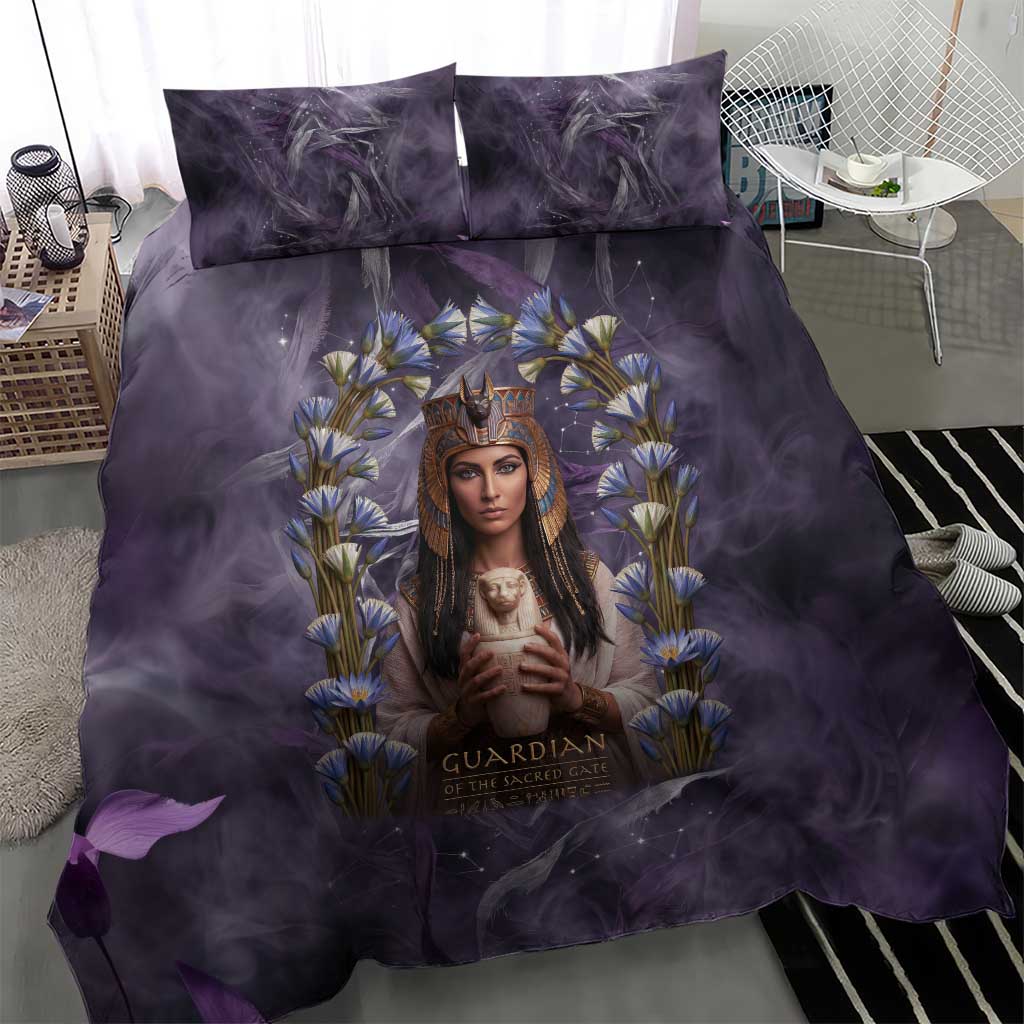 Anput Sacred Urn Bedding Set with Papyrus Flowers Egyptian Guardian in Violet Mist