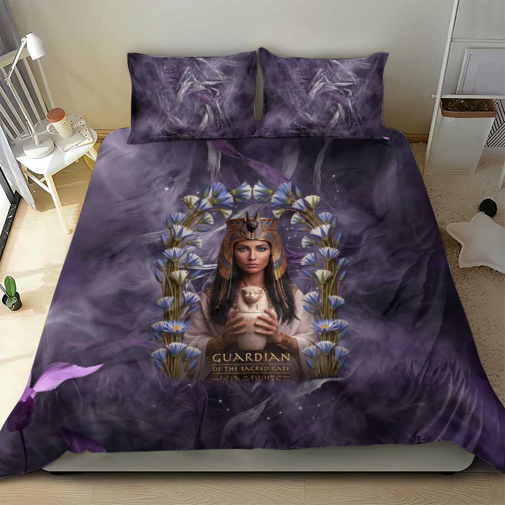 Anput Sacred Urn Bedding Set with Papyrus Flowers Egyptian Guardian in Violet Mist