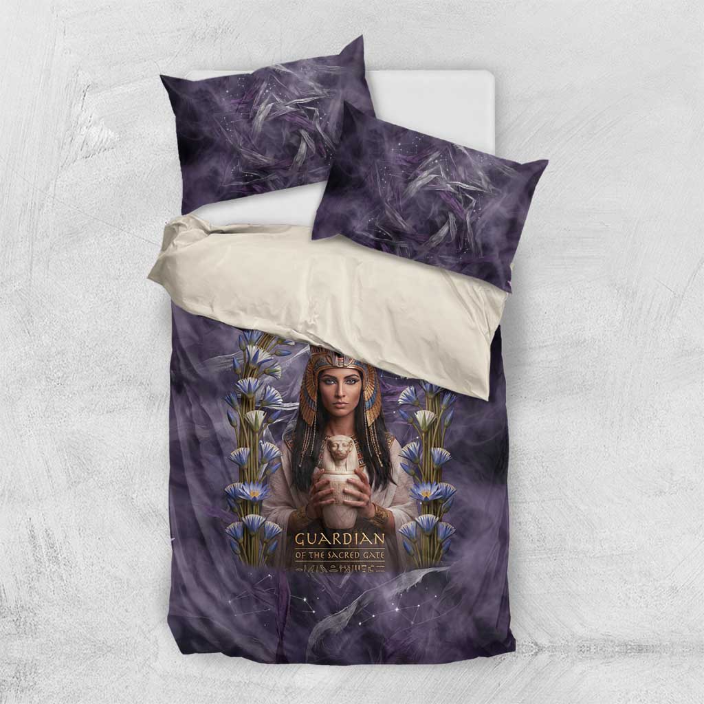 Anput Sacred Urn Bedding Set with Papyrus Flowers Egyptian Guardian in Violet Mist