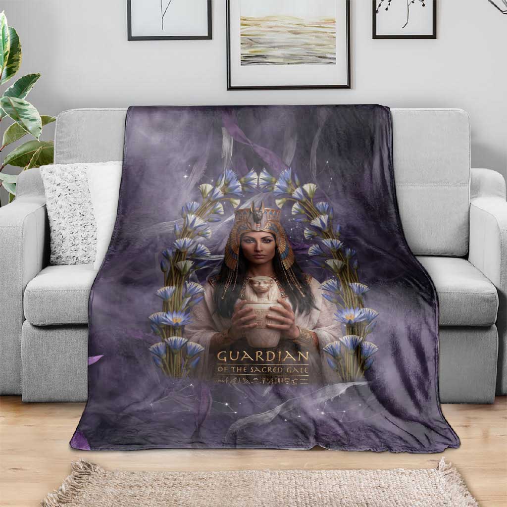 Anput Sacred Urn Blanket with Papyrus Flowers Egyptian Guardian in Violet Mist