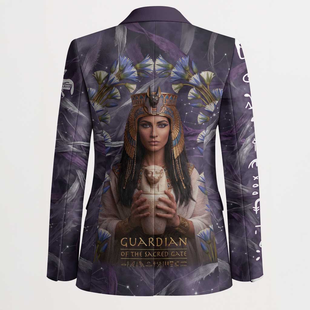 Anput Sacred Urn Blazer with Papyrus Flowers Egyptian Guardian in Violet Mist
