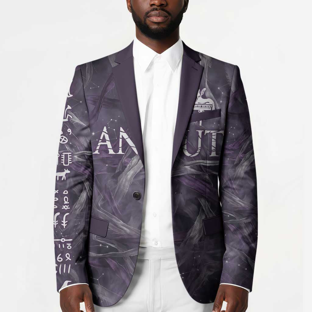 Anput Sacred Urn Blazer with Papyrus Flowers Egyptian Guardian in Violet Mist