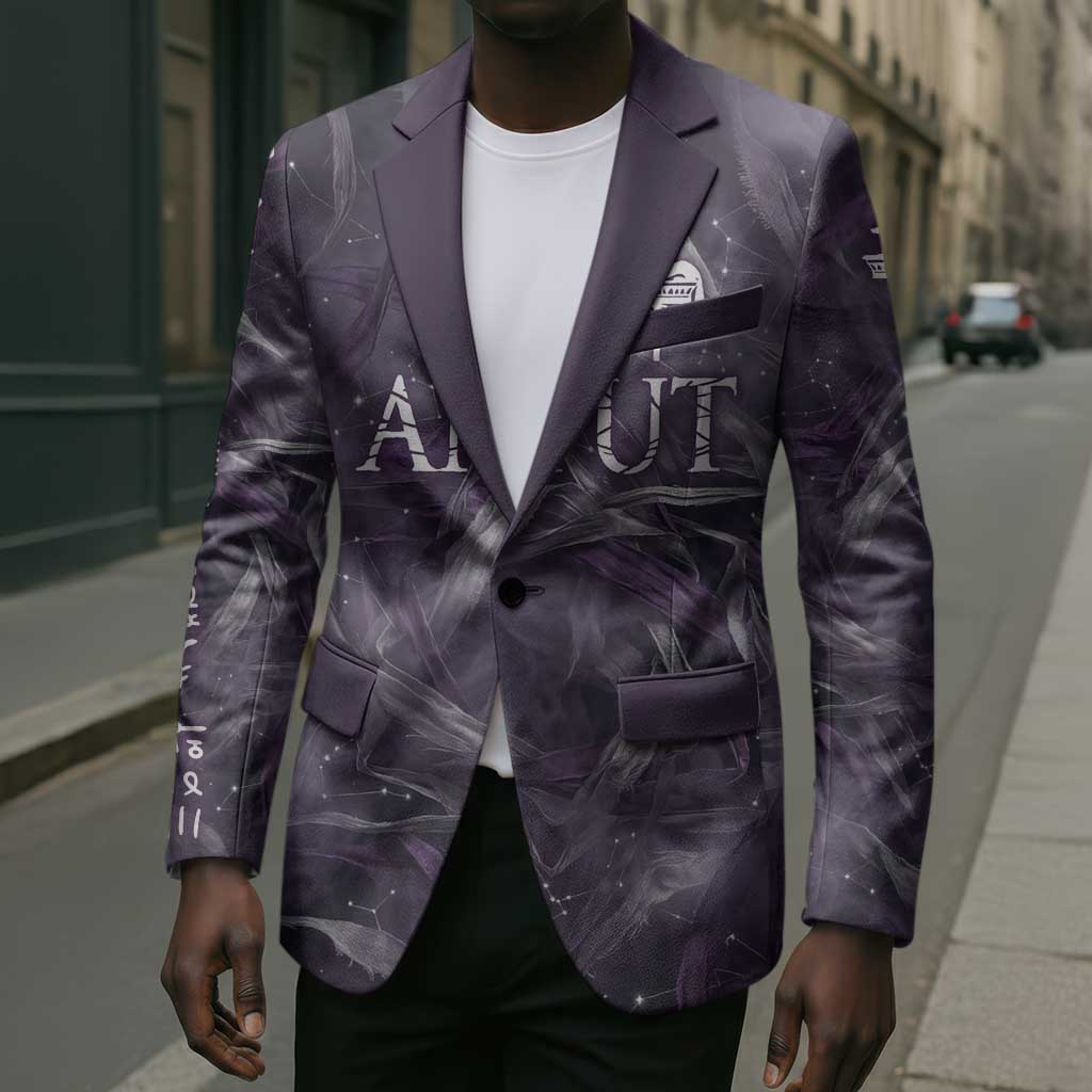 Anput Sacred Urn Blazer with Papyrus Flowers Egyptian Guardian in Violet Mist