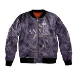 Anput Sacred Urn Bomber Jacket with Papyrus Flowers Egyptian Guardian in Violet Mist