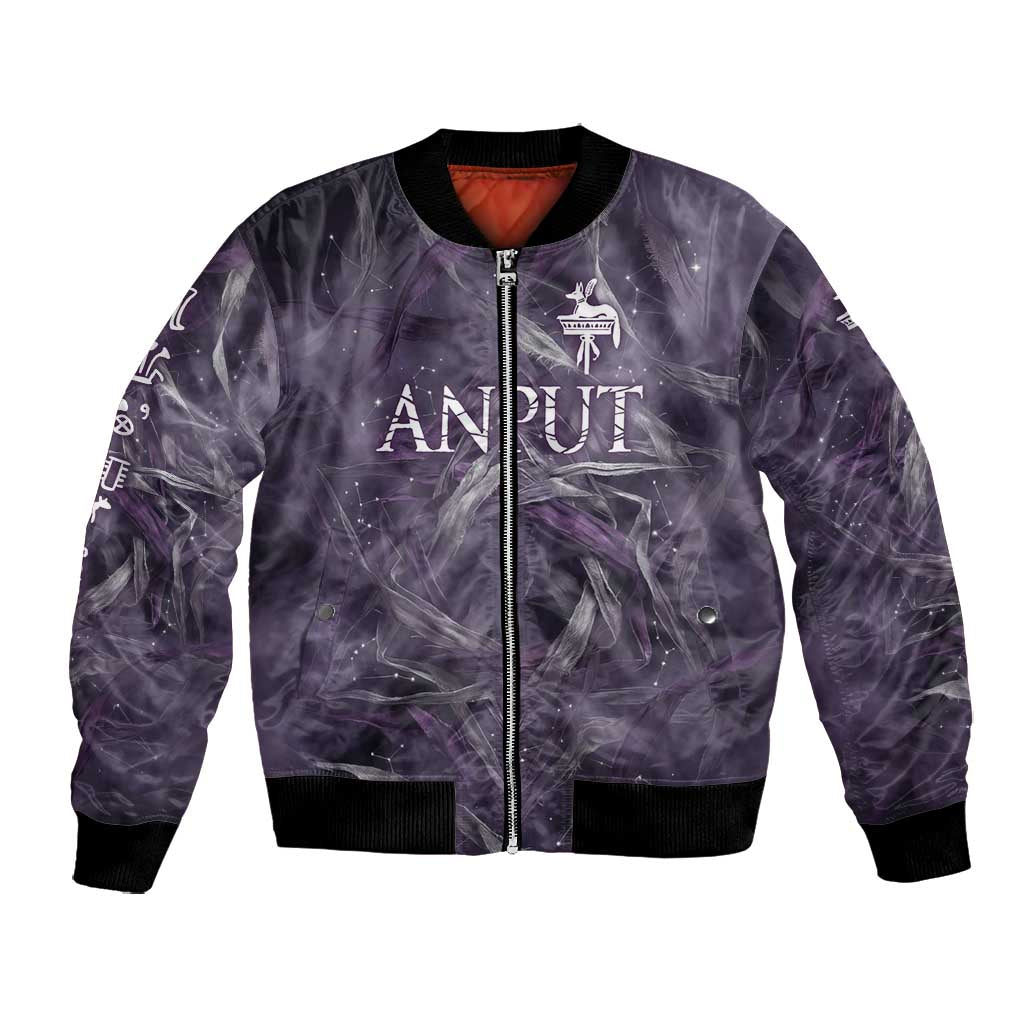 Anput Sacred Urn Bomber Jacket with Papyrus Flowers Egyptian Guardian in Violet Mist