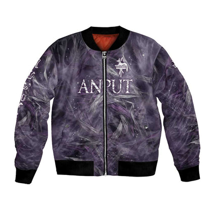 Anput Sacred Urn Bomber Jacket with Papyrus Flowers Egyptian Guardian in Violet Mist