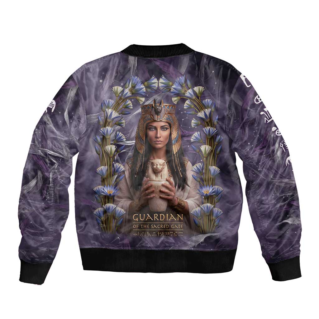 Anput Sacred Urn Bomber Jacket with Papyrus Flowers Egyptian Guardian in Violet Mist