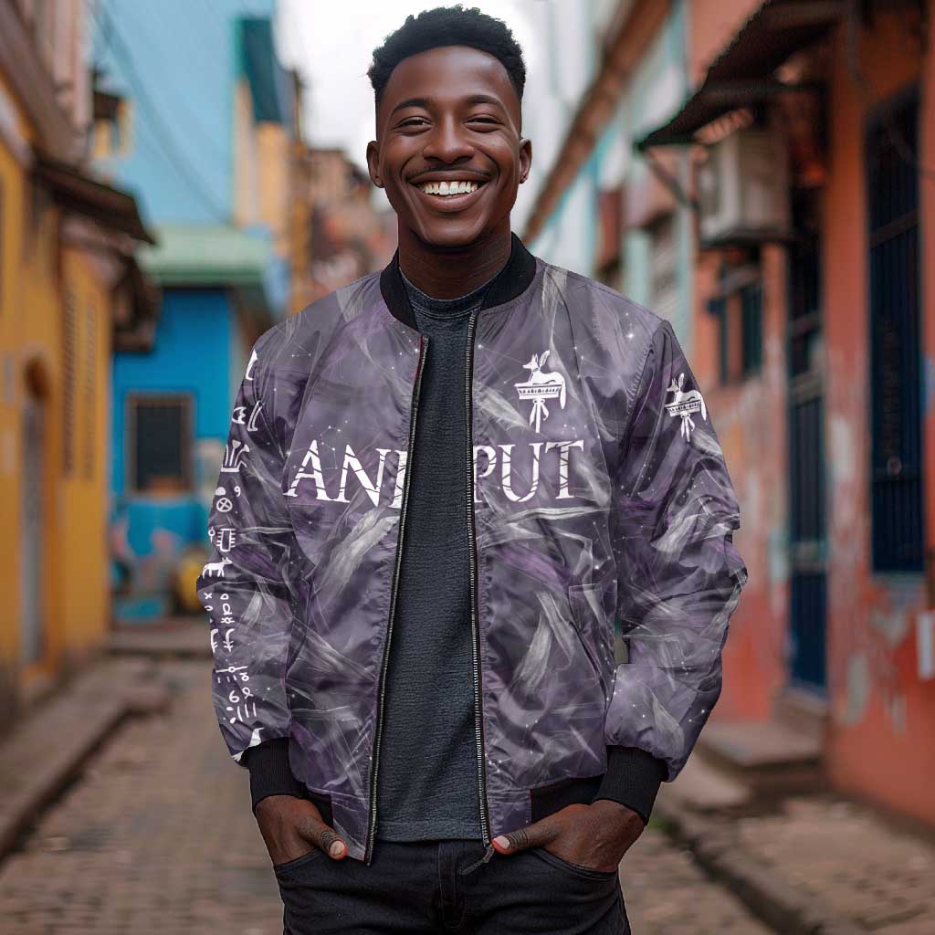 Anput Sacred Urn Bomber Jacket with Papyrus Flowers Egyptian Guardian in Violet Mist