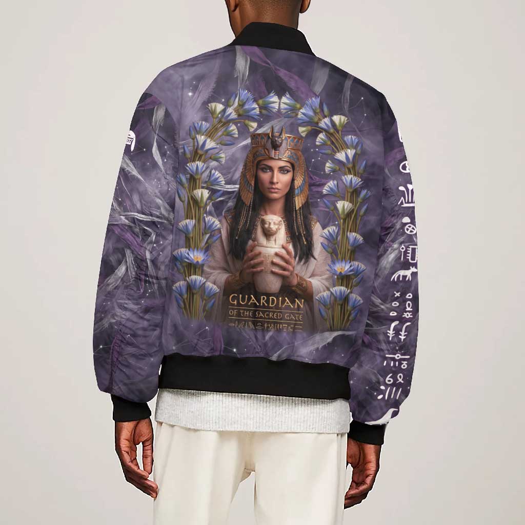 Anput Sacred Urn Bomber Jacket with Papyrus Flowers Egyptian Guardian in Violet Mist