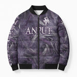 Anput Sacred Urn Bomber Puffer Jacket with Papyrus Flowers Egyptian Guardian in Violet Mist