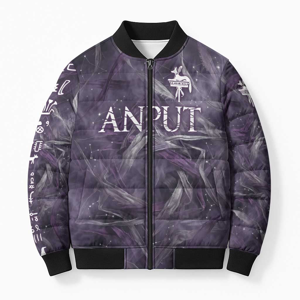 Anput Sacred Urn Bomber Puffer Jacket with Papyrus Flowers Egyptian Guardian in Violet Mist