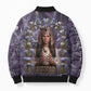 Anput Sacred Urn Bomber Puffer Jacket with Papyrus Flowers Egyptian Guardian in Violet Mist