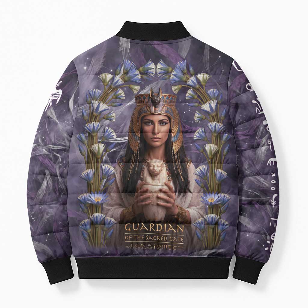 Anput Sacred Urn Bomber Puffer Jacket with Papyrus Flowers Egyptian Guardian in Violet Mist