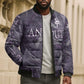 Anput Sacred Urn Bomber Puffer Jacket with Papyrus Flowers Egyptian Guardian in Violet Mist