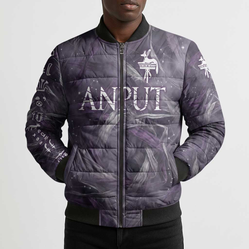 Anput Sacred Urn Bomber Puffer Jacket with Papyrus Flowers Egyptian Guardian in Violet Mist