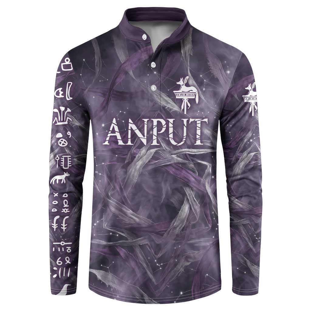 Anput Sacred Urn Button Sweatshirt with Papyrus Flowers Egyptian Guardian in Violet Mist
