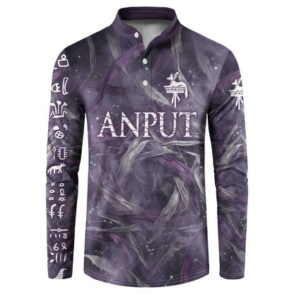 Anput Sacred Urn Button Sweatshirt with Papyrus Flowers Egyptian Guardian in Violet Mist