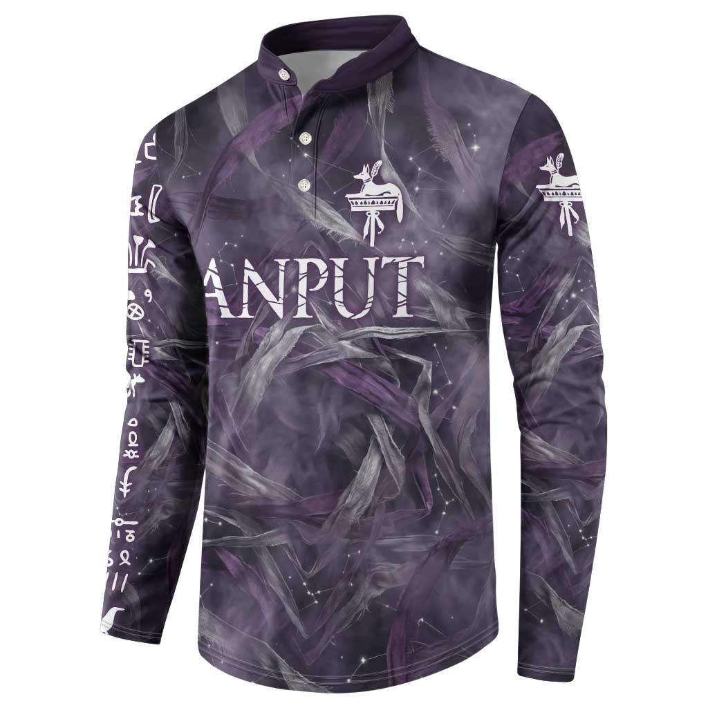 Anput Sacred Urn Button Sweatshirt with Papyrus Flowers Egyptian Guardian in Violet Mist