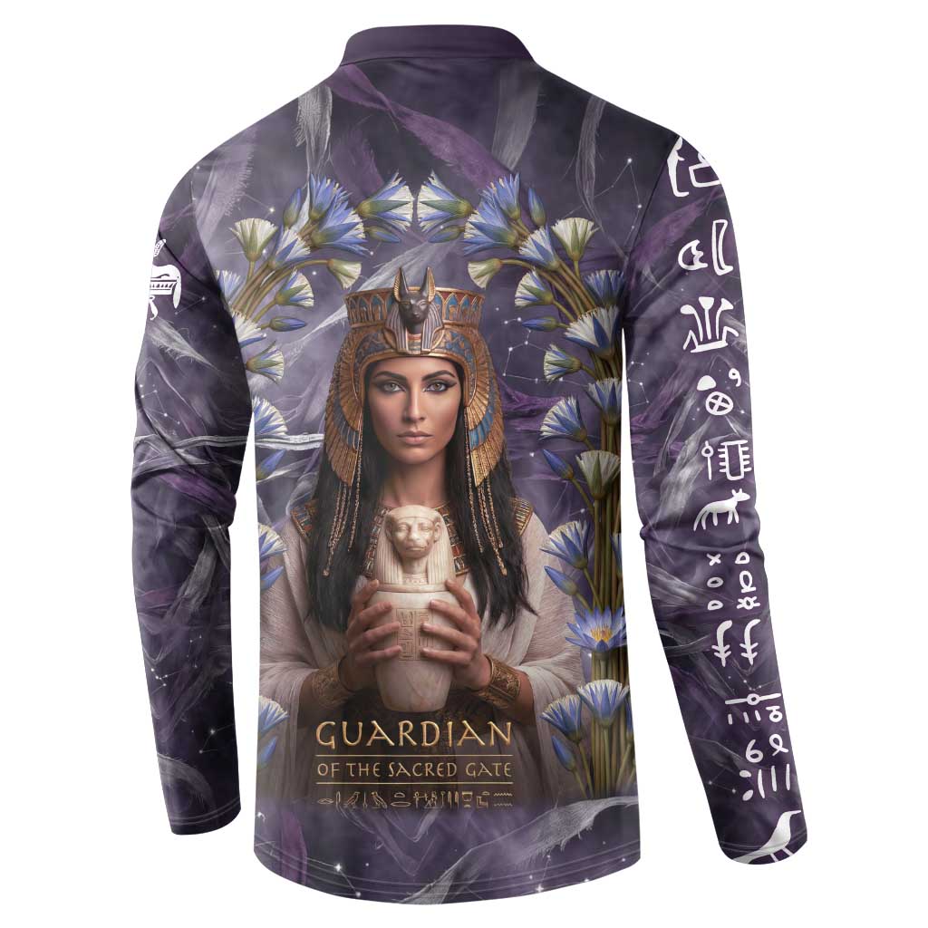 Anput Sacred Urn Button Sweatshirt with Papyrus Flowers Egyptian Guardian in Violet Mist