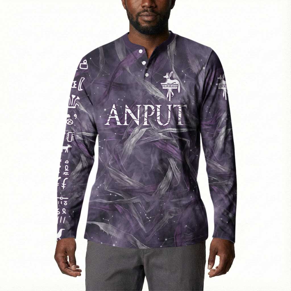 Anput Sacred Urn Button Sweatshirt with Papyrus Flowers Egyptian Guardian in Violet Mist