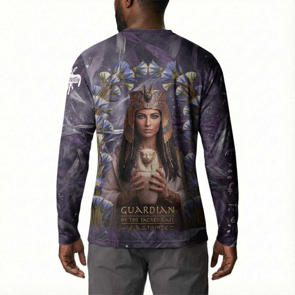 Anput Sacred Urn Button Sweatshirt with Papyrus Flowers Egyptian Guardian in Violet Mist