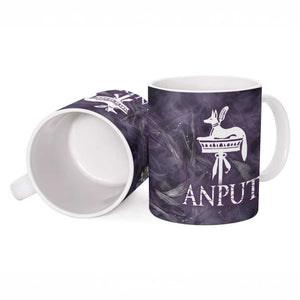 Anput Sacred Urn Ceramic Mug with Papyrus Flowers Egyptian Guardian in Violet Mist