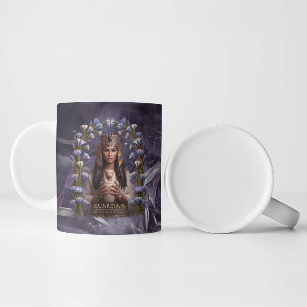 Anput Sacred Urn Ceramic Mug with Papyrus Flowers Egyptian Guardian in Violet Mist