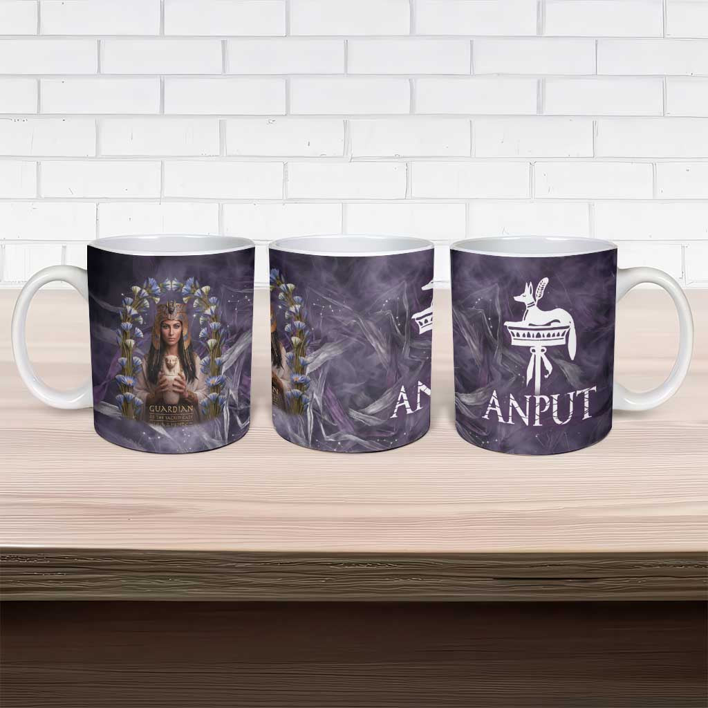 Anput Sacred Urn Ceramic Mug with Papyrus Flowers Egyptian Guardian in Violet Mist