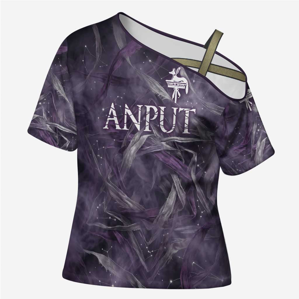 Anput Sacred Urn Cross Shoulder Shirt with Papyrus Flowers Egyptian Guardian in Violet Mist