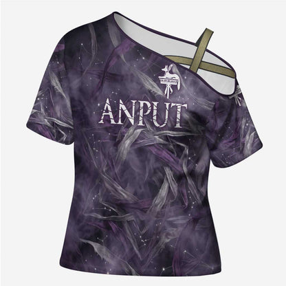 Anput Sacred Urn Cross Shoulder Shirt with Papyrus Flowers Egyptian Guardian in Violet Mist