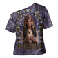Anput Sacred Urn Cross Shoulder Shirt with Papyrus Flowers Egyptian Guardian in Violet Mist