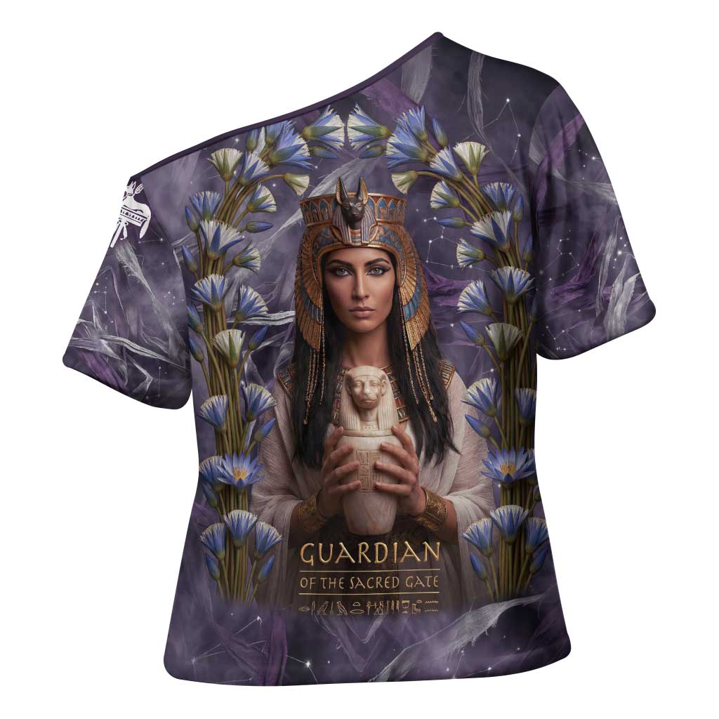 Anput Sacred Urn Cross Shoulder Shirt with Papyrus Flowers Egyptian Guardian in Violet Mist