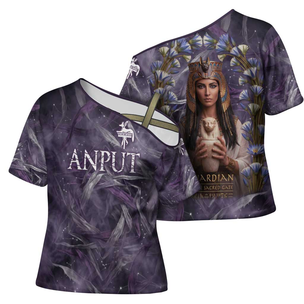 Anput Sacred Urn Cross Shoulder Shirt with Papyrus Flowers Egyptian Guardian in Violet Mist