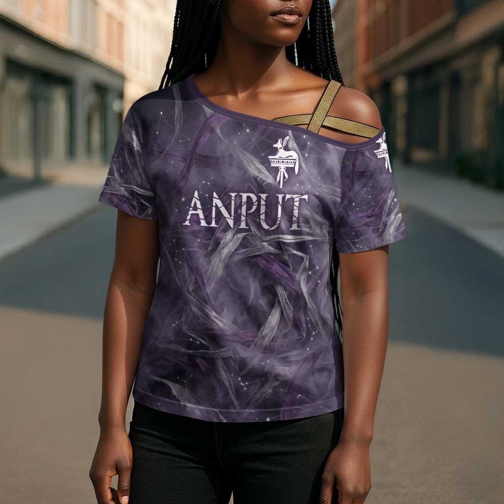 Anput Sacred Urn Cross Shoulder Shirt with Papyrus Flowers Egyptian Guardian in Violet Mist