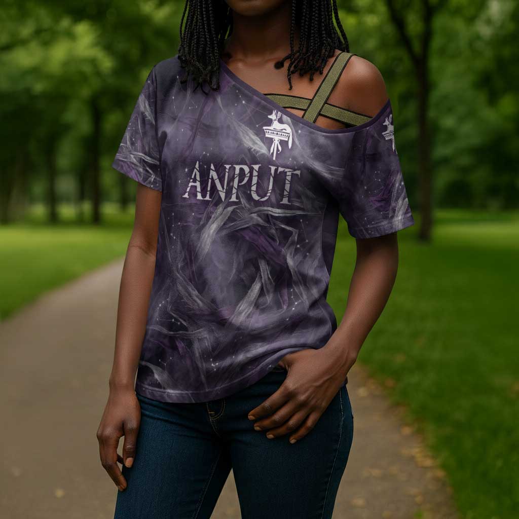 Anput Sacred Urn Cross Shoulder Shirt with Papyrus Flowers Egyptian Guardian in Violet Mist